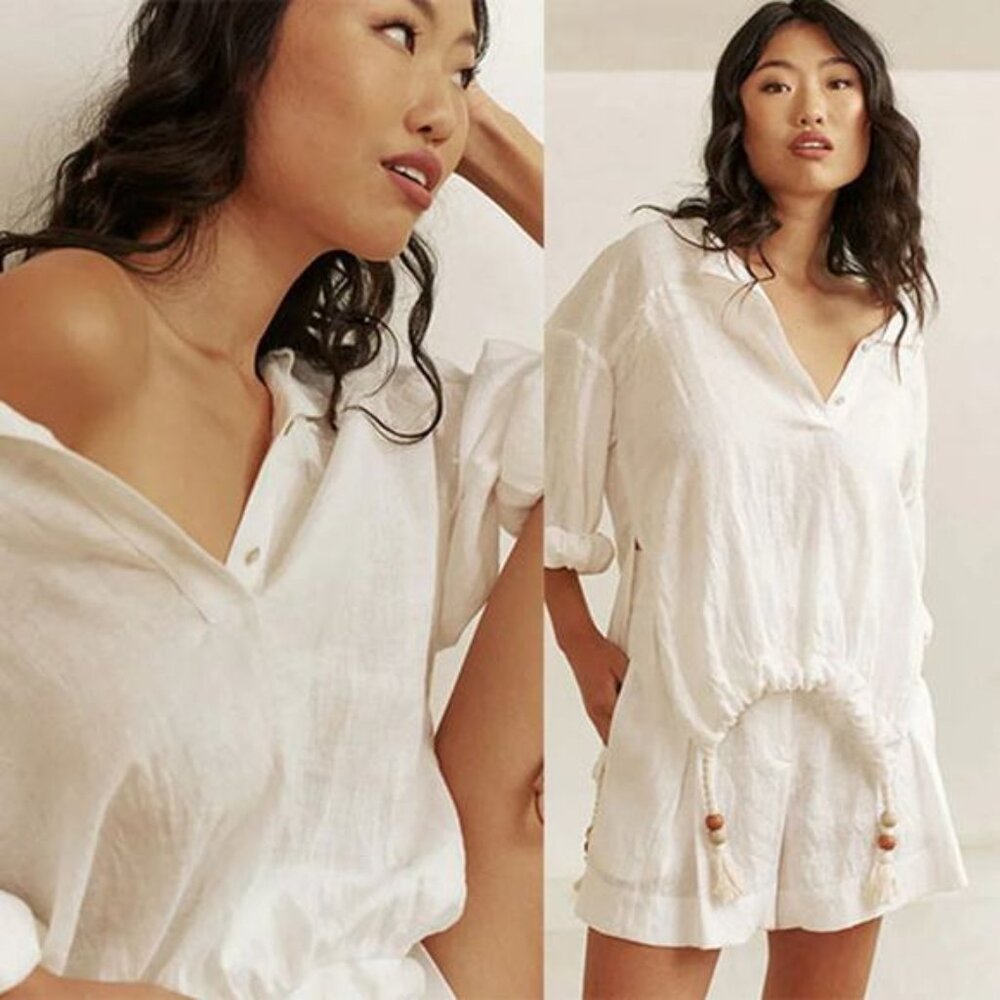 NWT Just Bee Queen Thea Oyster Off White Long Sleeve 100% Linen Top Size: Large